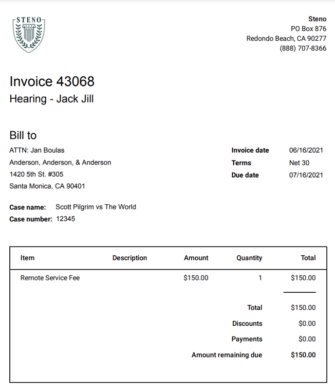 Sample invoice downloaded as a PDF