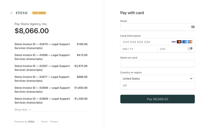 Screenshot of invoices to be paid on Stripe